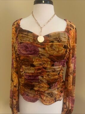 Floral Ruched Long-Sleeve Women's Top - Multicolor